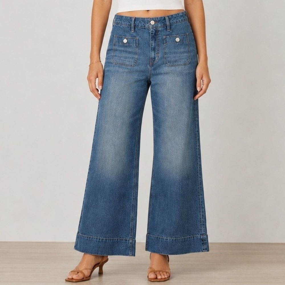 J.Crew 96 Denim Trouser Womens 31 Blue High Rise Wide Leg Boho Sailor Pockets